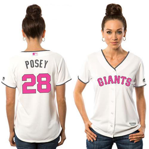 Giants #28 Buster Posey White Mother's Day Cool Base Women's Stitched MLB Jersey - Click Image to Close